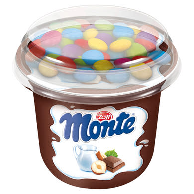 Zott Monte UHT csokoládés-mogyorós tejalapú desszert kakaós drazséval