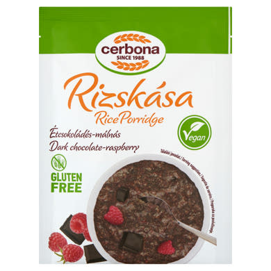 Cerbona Vegan gluténmentes, étcsokoládés rizskása málnával