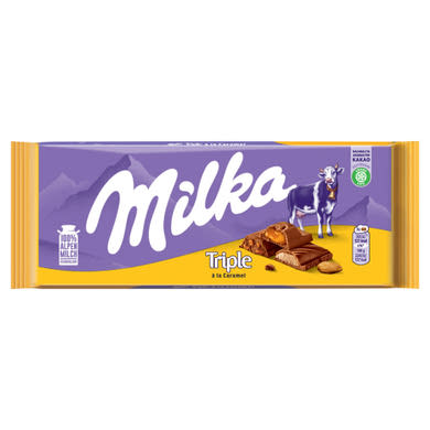 Milka Triple á la Caramel alpesi tejcsokoládé karamellízű, tejes krémmel, karamell töltelékkel