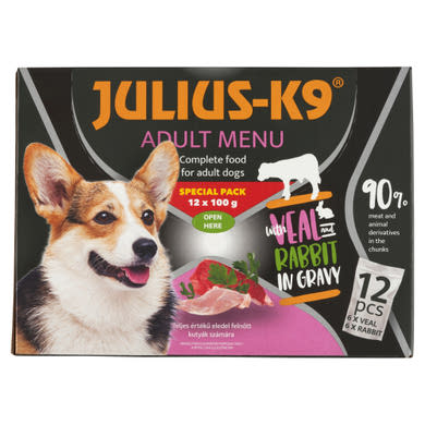 Julius-K9 teljes értékű eledel felnőtt kutyák számára borjúval, nyúllal szószban 12 x  (1,2 kg)