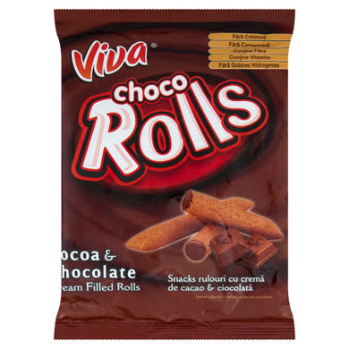 Viva Choco Rolls kakaós-csokoládés krémmel töltött extrudált gabonarudacska