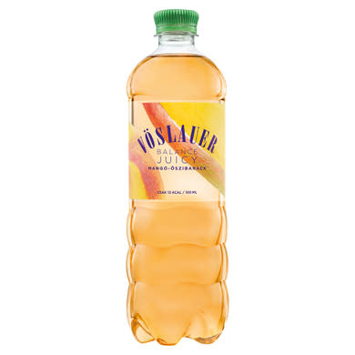 Vöslauer Balance Juicy mangó-őszibarack ízű természetes ásványvíz alapú szénsavas üdítőital, + 50 ft betétdíj, 0,75 L