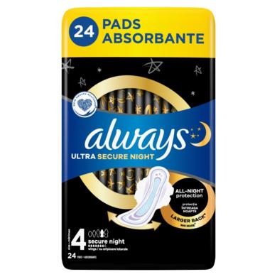 Always Ultra Secure Night (4-es Méretű) Szárnyas Betét Egészségügyi Betét, 24 Db