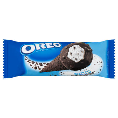 Oreo vanília ízű jégkrém, kakaó ízű kekszdarabkákkal és bevonattal, ostyatölcsérben
