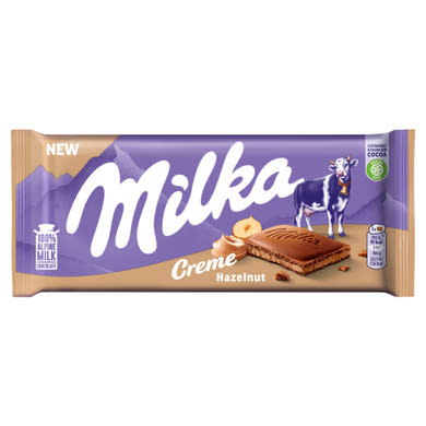 Milka Creme Hazelnut alpesi tej felhasználásával készült tejcsokoládé mogyorós krémtöltelékkel