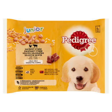 Pedigree Junior teljes értékű vegyes válogatás eledel kölyöknek rizzsel vagdalttal 4 x