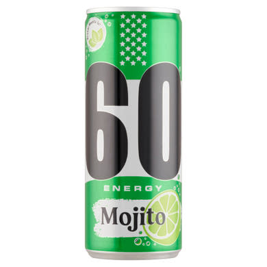 60 Energy mojito ízesítésű szénsavas üdítőital koffeinnel, cukorral, édesítőszerekkel 0,25 l