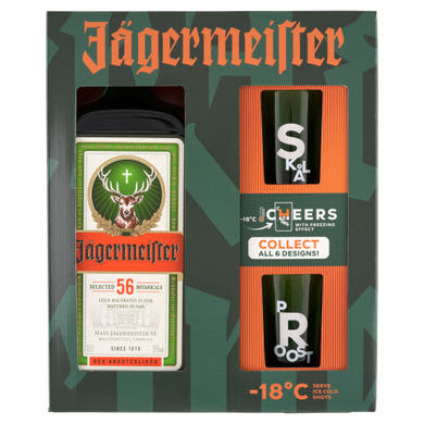 Jägermeister gyógynövénylikőr díszdobozban 2 db 2 cl-es gyűjthető pohárral 35% 0,7 l
