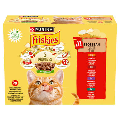 Friskies szószban csirkével/marhával/báránnyal/kacsával nedves macskaeledel 12 x