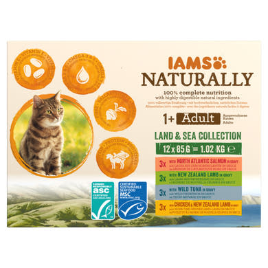 IAMS Naturally Land & Sea in Gravy macskaeledel válogatás ízletes szószban 12 x