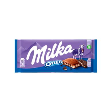 Milka Oreo alpesi tejcsokoládé kakaós kekszdarabkákkal és vaníliaízű tejes krémtöltelékkel