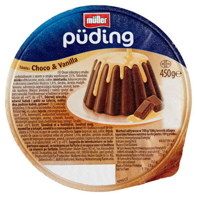 Müller csokoládé ízű puding vanília ízű öntettel