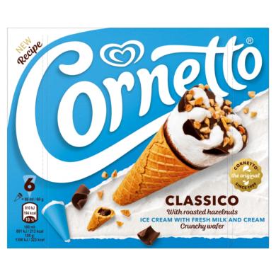 Cornetto Classico vanília ízű tejjégkrém kakaós bevonatú ostyatölcsérben 6 x  (540 ml)