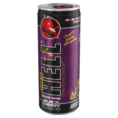 HELL Black Cherry fekete cseresznye- és tuttifruttiízű, koffeintartalmú szénsavas ital