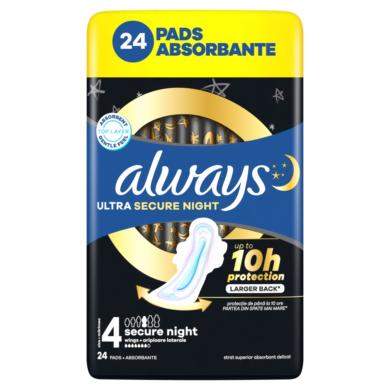 Always Ultra Secure Night (4-es Méretű) Szárnyas Betét Egészségügyi Betét, 24 Db