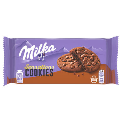 Milka középen puha kakaós keksz, alpesi tej felhasználásával készült tejcsokoládé darabkákkal