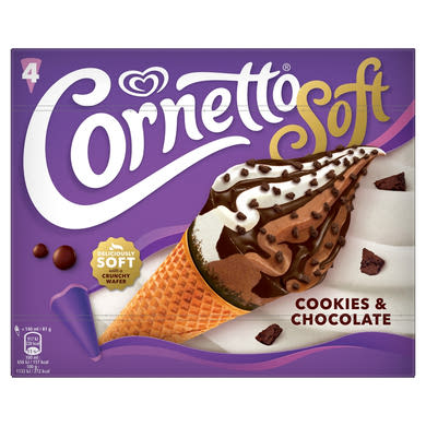 Cornetto Soft tejcsokoládés és keksz ízű jégkrém kakaós bevonatú ostyatölcsérben 4 x , 560 ml