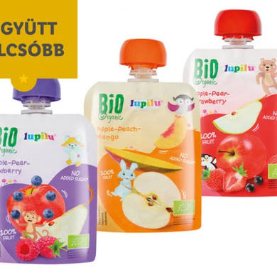 Lupilu Bio gyümölcspüré alma-körte-áfonya-málna, pasztőrözött 5 hónapos kortól, 90 g