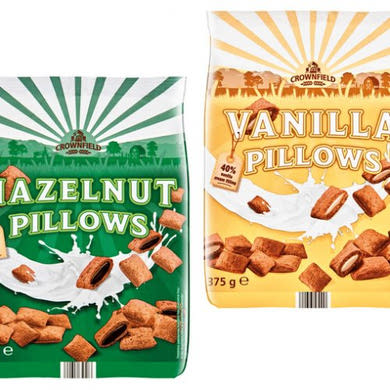 CROWNFIELD Ropogós gabona párnácskák 40% vaníliaízű krémmel töltve, 375 g