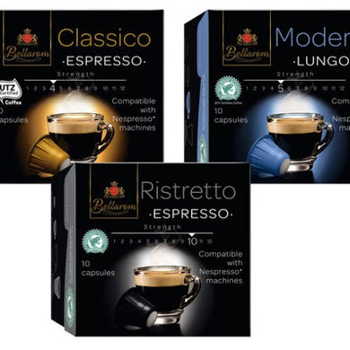 Bellarom Kávékapszula Modena Lungo Nespresso géphez, őrölt, pörkölt arabica kávét tartalmazó egyadagos kávékapszulák 10x5 g, 10 db