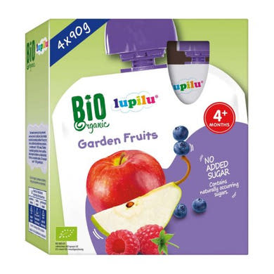 Lupilu Bio gyümölcspüré alma-körte-áfonya-málna, 4 hónapos kortól 4x90 g, 360 g