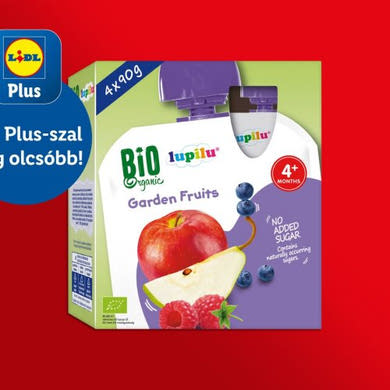 Lupilu Bio gyümölcspüré alma-körte-eper-fekete ribizli, 4 hónapos kortól 4x90 g, 360 g