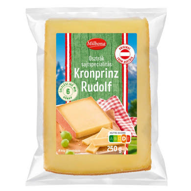 Milbona Osztrák sajtspecialitás Kronprinz Rudolf, zsíros, extra kemény, nyers tejjel, 250 g