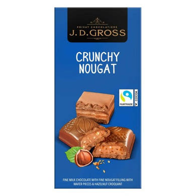 J.D. Gross tejcsokoládé 31% mogyorós krémmel, 2,8% mogyorókrokanttal és 1,8% ostyadarabokkal, 99 g
