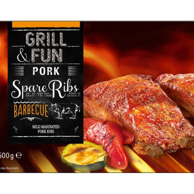 Grill & Fun BBQ spare ribs, barbecueízű sertésoldalas, marinált, elősütött, gyorsfagyasztott, 500 g