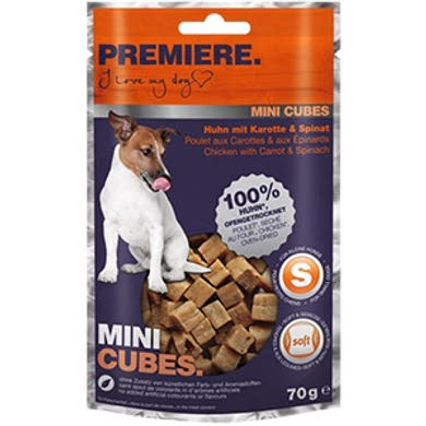 Premiere Mini Cubes kutya jutalomfalat csirke& répa& spenót