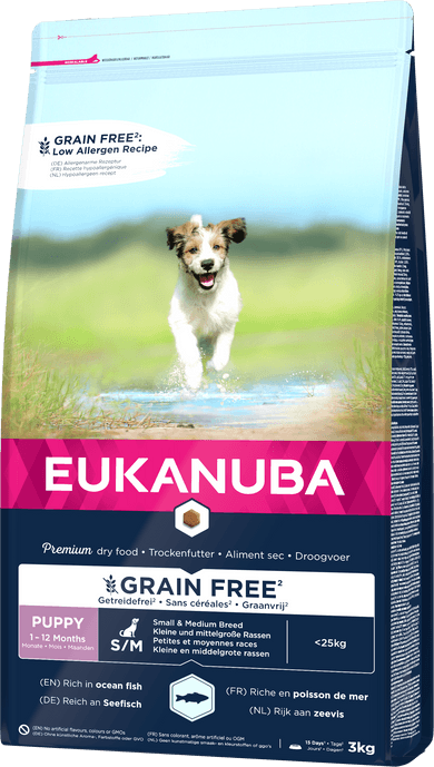 Eukanuba Grain Free Small & Medium száraz kutyaeledel puppy hal