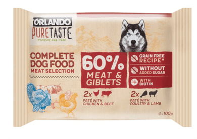 Orlando Pure Taste alutasakos kutyaeledel baromfi és marha + bárány és pulyka 4x100g
