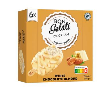 Bon Gelati Bourbonvanília-ízű, fehér csokoládéval bevonva, manduladarabokkal pálcikás jégkrém 6db