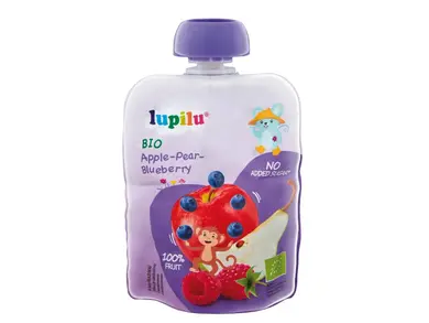 Lupilu Bio gyümölcspüré alma-körte-eper-feketeribizli, pasztőrözött 5 hónapos kortól