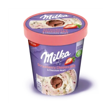Milka strawberry cheesecake sajttorta ízű jégkrém eperkészítménnyel, 480 ml / 338 g